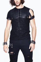 Chemise Punk pour Homme en Cuir Noir à Manches Boucle, Irrégulière, Tricotée en Jacquard, avec Lacet à la Poitrine Amovible